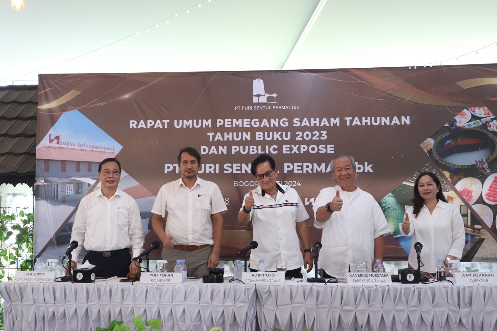 (Kiri-Kanan) Jajaran Manajemen PT Puri Sentul Permai Tbk (KDTN) Liris Suryanto - Komisaris Independen, Rolf B Pohan - Direktur Tjoa Au Bintoro - Komisaris Utama Xaverius Nursalim - Direktur Utama dan Irene Nursalim - Direktur saat Rapat Umum Pemegang Saham Tahunan 2023. Bogor 6 Mei 2024. DOK/Istimewa KDTN Guyur Dividen hingga Siapkan Strategi Bisnis Jitu di 2024