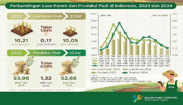 Luas panen padi pada 2024 diperkirakan sekitar 10,05 juta hektare. Angka ini mengalami penurunan sebanyak 167,25 ribu hektare atau 1,64 persen dibandingkan luas panen padi di 2023 yang sebesar 10,21 juta hektare. Waduh! Luas Panen dan Produksi Padi 2024 Diperkirakan Turun