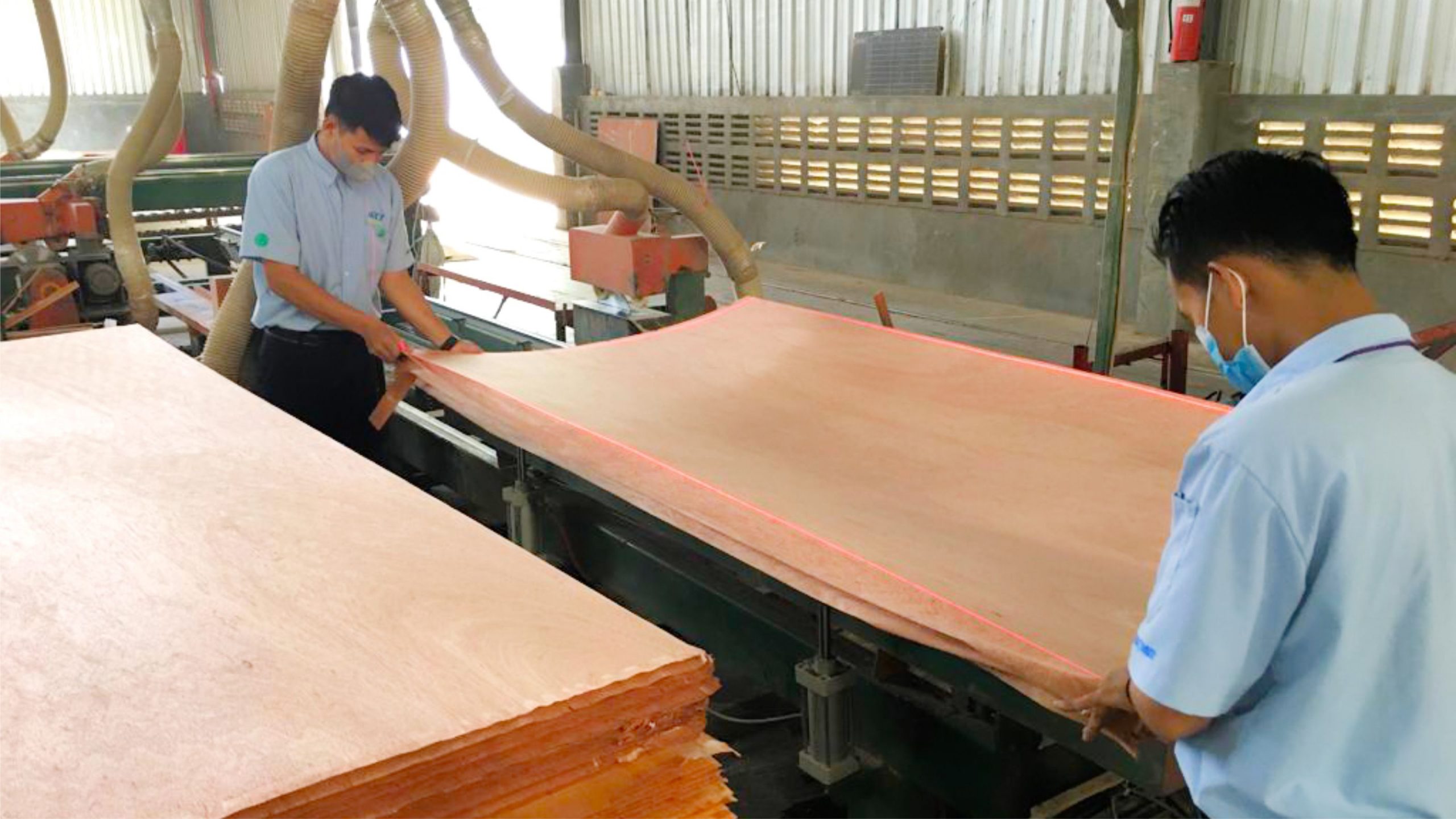 Dua orang karyawan tengah memeriksa ukuran lempengan kayu ringan di pabrik Wijaya Cahaya Timber. FOTO - ISTIMEWA Beli Bahan Baku, Wijaya Timber (FWCT) Ngutang Eximbank Rp100 Miliar
