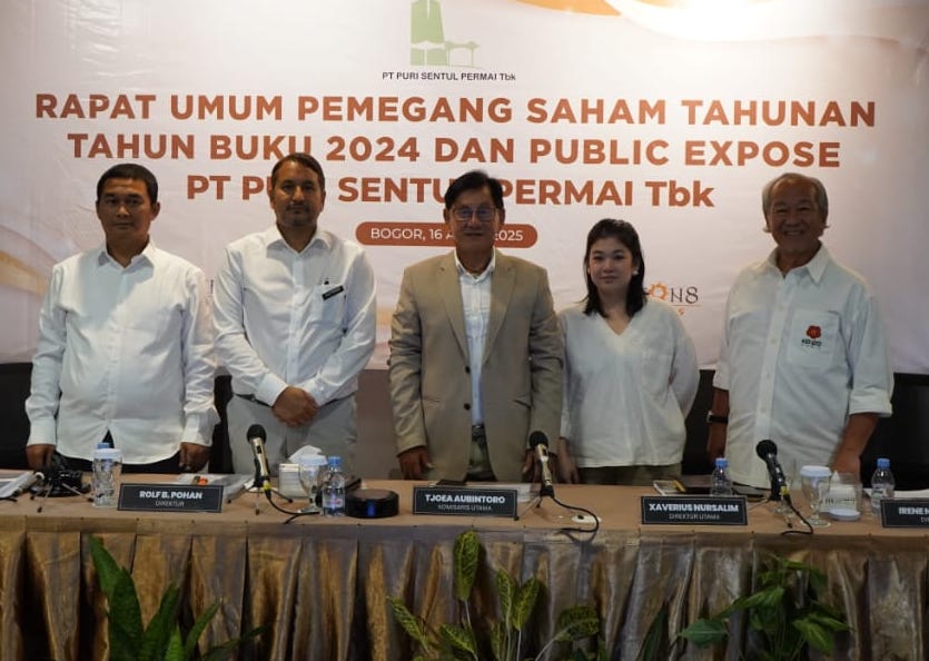 KOMPAK - (Ki-ka) Liris Suryanto Komisaris Independen, Rolf B. Pohan Direktur, Tjoea Aubintoro Komisaris Utama, Irene Nursalim Direktur, dan Xaverius Nursalim Direktur Utama saat Rapat mum Pemegang Saham (RUPS) tahunan Puri Sentul tahun buku 2024. FOTO - ISTIMEWA  Konsisten Dividen, Ini Rencana Ekspansi dan Target KDTN 2025