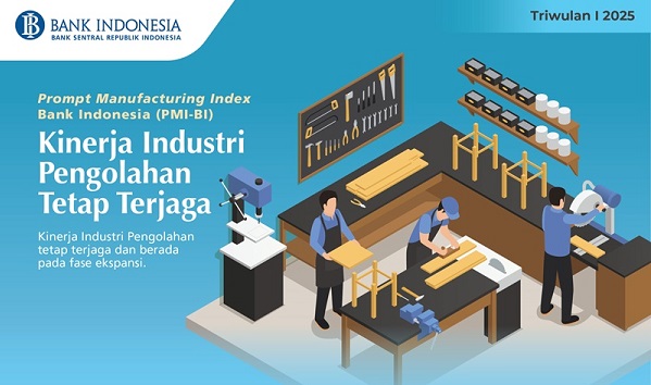 Kinerja Lapangan Usaha (LU) Industri Pengolahan pada triwulan I 2025 tetap terjaga dan berada pada fase ekspansi (indeks >50%). Hal ini tecermin dari Prompt Manufacturing Index Bank Indonesia (PMI-BI) triwulan I 2025 sebesar 51,67%. Kinerja Industri Pengolahan Terjaga, PMI-BI Triwulan I 51,67 Persen
