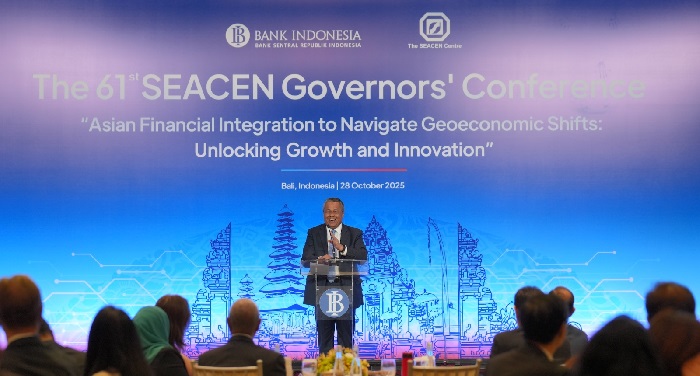 Gubernur Bank Indonesia, Perry Warjiyo ketika berbicara pada ascara South East Asian Central Banks (SEACEN) Governors' Conference ke-61 di Bali (28/10).(Foto: BI) Gubernur Bank Sentral Anggota SEACEN Sepakat Perkuat Kolaborasi