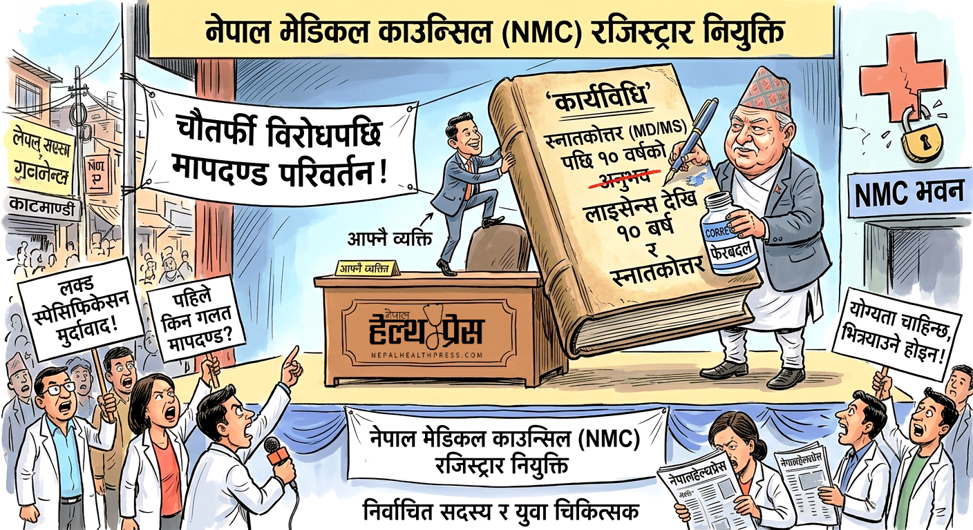 ‘लक्ड स्पेसिफिकेसन’ को आरोपपछि मेडिकल काउन्सिलको रजिस्ट्रार नियुक्ति मापदण्ड परिवर्तन: अब लाइसेन्सपछि १० वर्षको अनुभव भए पुग्ने